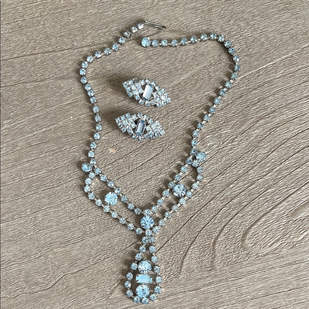 Rhinestone frosted light ice blue Crystal Necklace and Earring Set 40’s-60’s